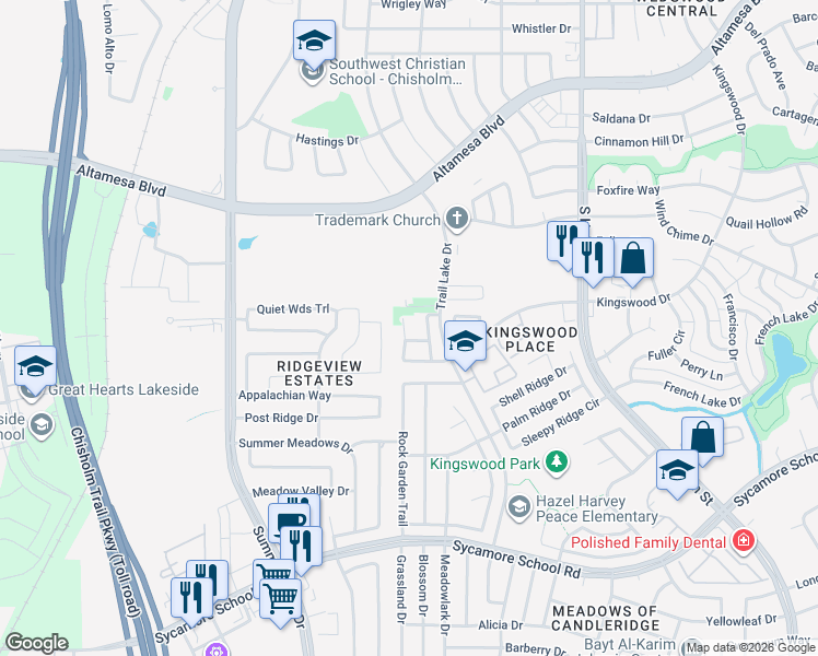map of restaurants, bars, coffee shops, grocery stores, and more near 5210 Mountain Spring Trail in Fort Worth