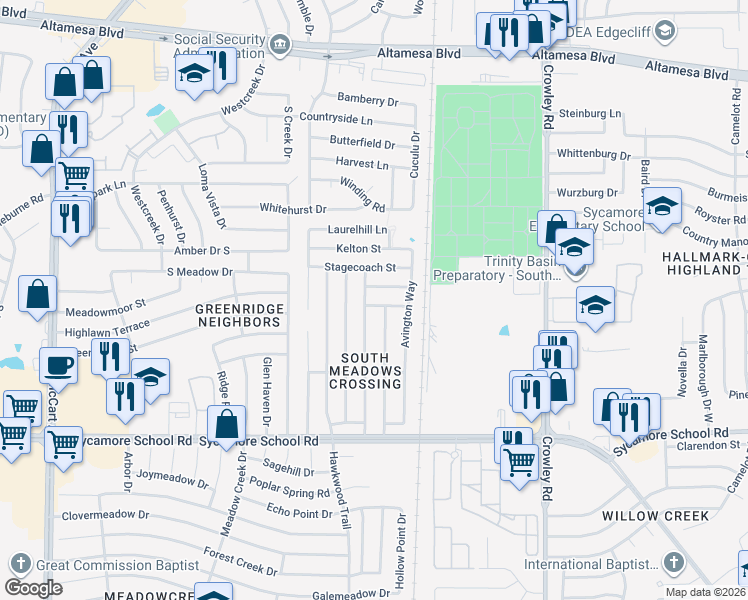 map of restaurants, bars, coffee shops, grocery stores, and more near 2332 Corral Drive in Fort Worth
