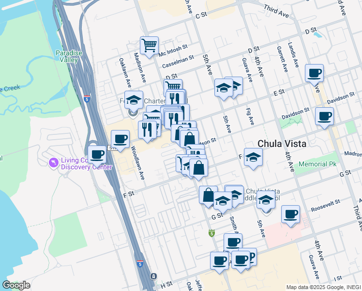 map of restaurants, bars, coffee shops, grocery stores, and more near 236 Broadway in Chula Vista