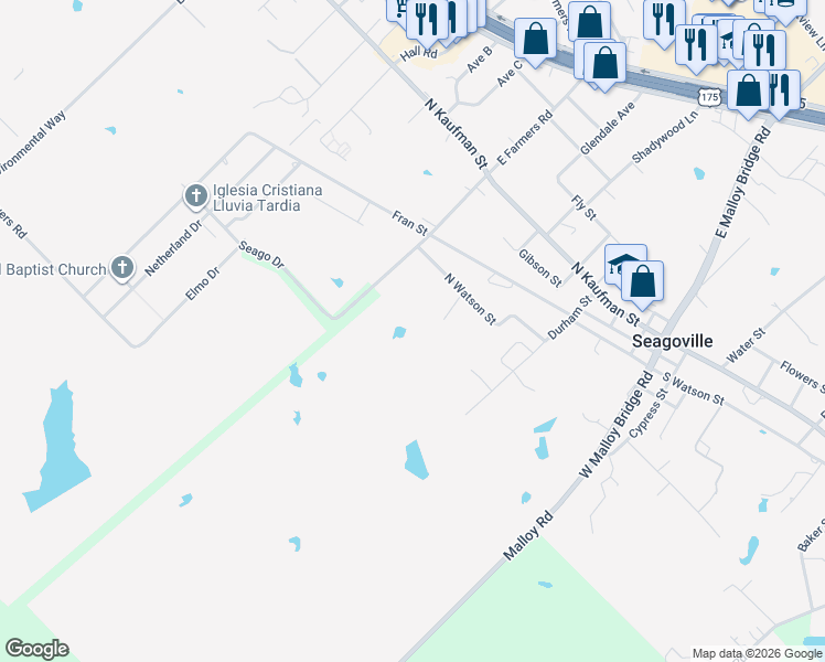 map of restaurants, bars, coffee shops, grocery stores, and more near 300 West Farmers Road in Seagoville