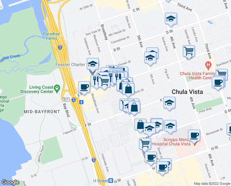 map of restaurants, bars, coffee shops, grocery stores, and more near 230 Broadway in Chula Vista