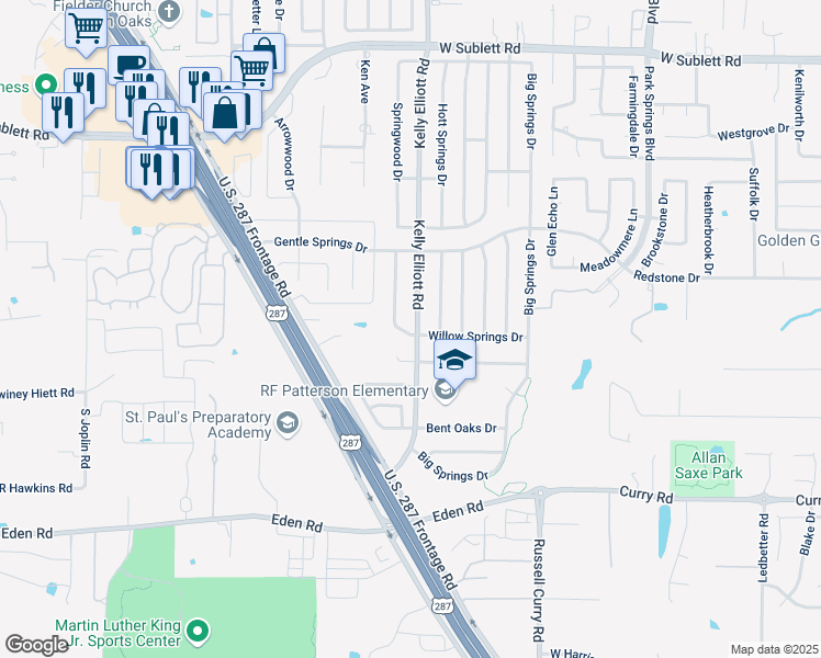 map of restaurants, bars, coffee shops, grocery stores, and more near 6418 Kelly Elliott Road in Arlington
