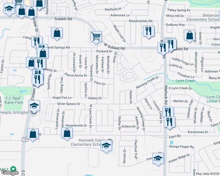 map of restaurants, bars, coffee shops, grocery stores, and more near 6505 Eldorado Drive in Arlington
