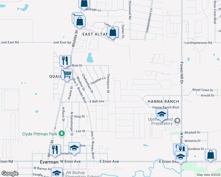 map of restaurants, bars, coffee shops, grocery stores, and more near 205 Moor Court in Everman