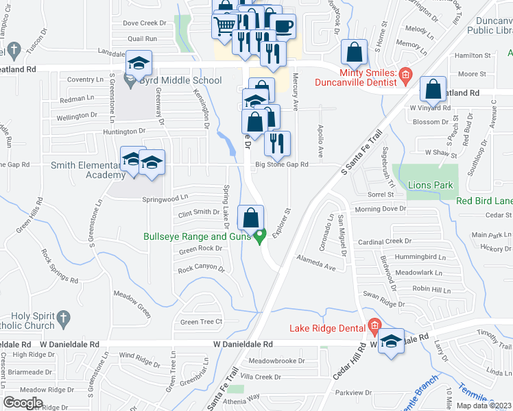 map of restaurants, bars, coffee shops, grocery stores, and more near 1101 South Cedar Ridge Drive in Duncanville