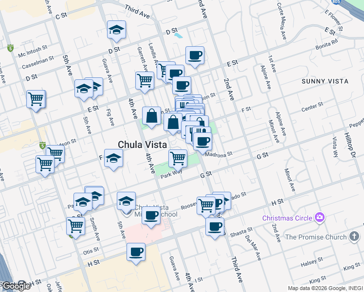 map of restaurants, bars, coffee shops, grocery stores, and more near 340 F Street in Chula Vista
