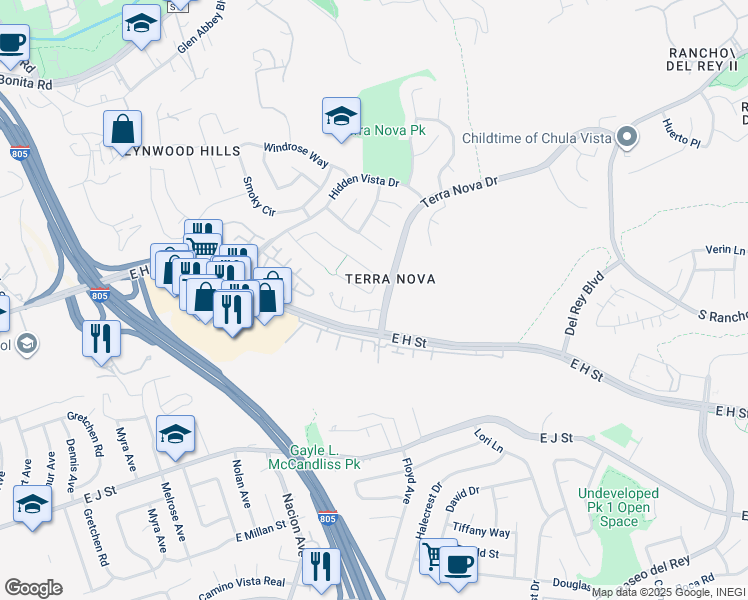 map of restaurants, bars, coffee shops, grocery stores, and more near 486 Karra Court in Chula Vista