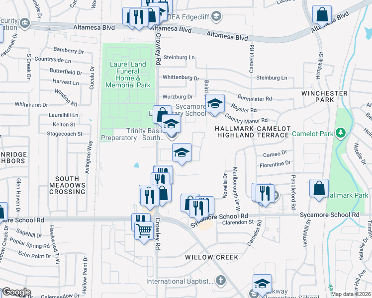 map of restaurants, bars, coffee shops, grocery stores, and more near 7251 Crowley Road in Fort Worth
