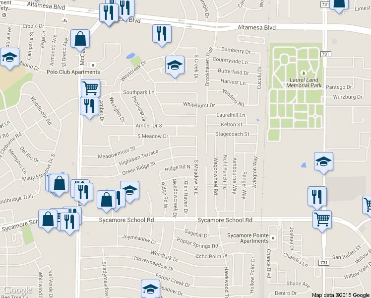 map of restaurants, bars, coffee shops, grocery stores, and more near 2705 Highlawn Terrace in Fort Worth