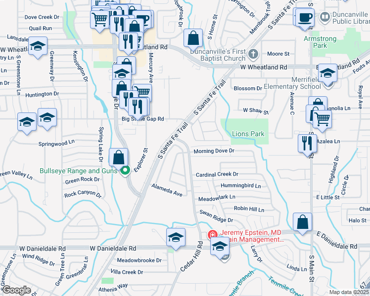 map of restaurants, bars, coffee shops, grocery stores, and more near 1122 San Miguel Drive in Duncanville