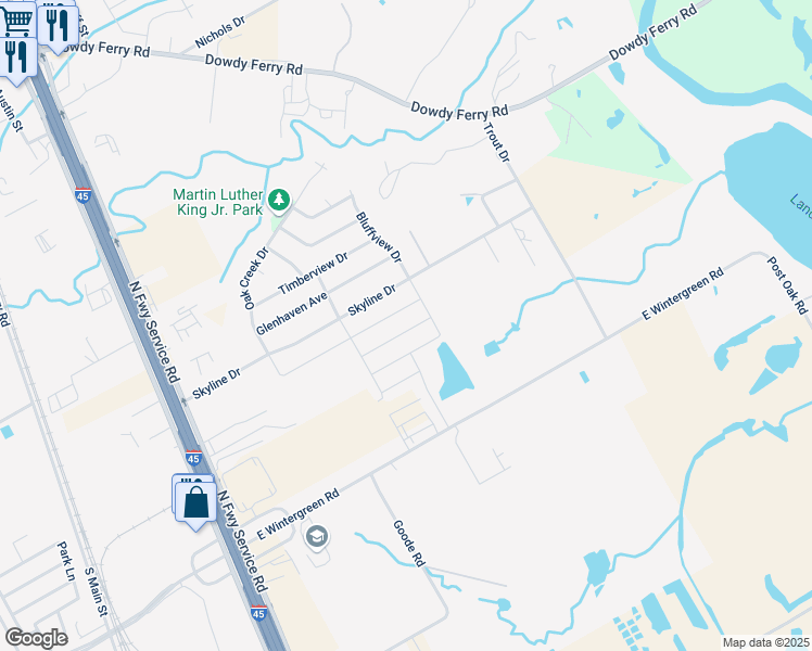 map of restaurants, bars, coffee shops, grocery stores, and more near 1132 Skyline Drive in Hutchins