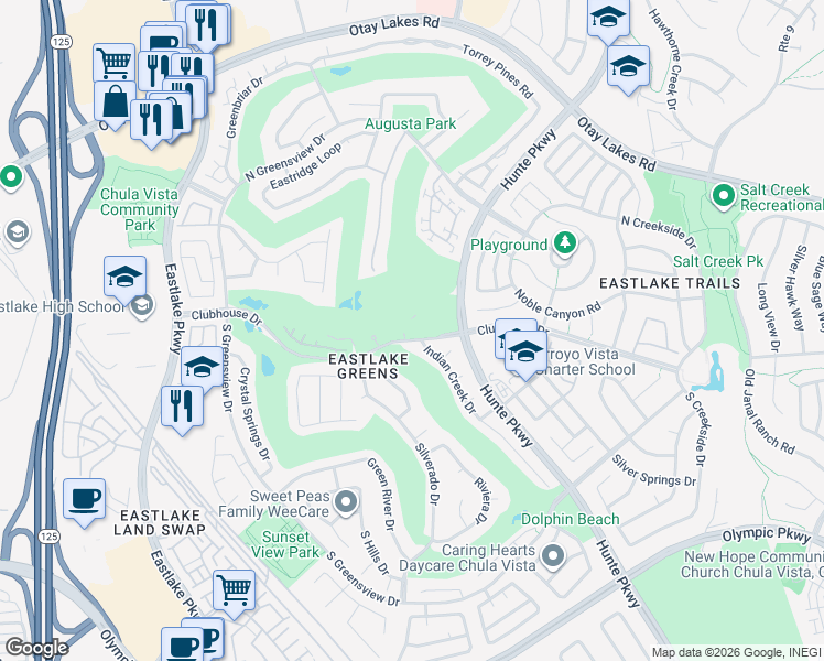map of restaurants, bars, coffee shops, grocery stores, and more near 2405 Clubhouse Drive in Chula Vista