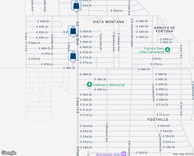 map of restaurants, bars, coffee shops, grocery stores, and more near 13248 East 49th Street in Yuma
