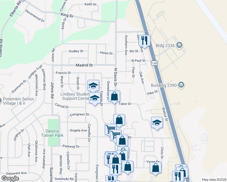 map of restaurants, bars, coffee shops, grocery stores, and more near 713 North Davis Drive in Warner Robins
