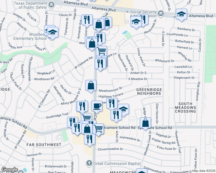 map of restaurants, bars, coffee shops, grocery stores, and more near 3317 South Meadow Drive in Fort Worth