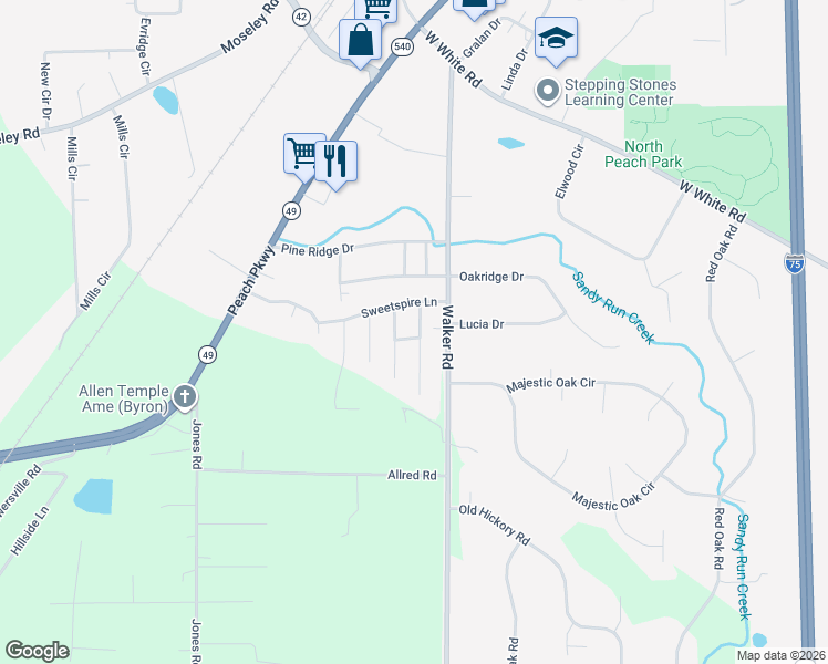 map of restaurants, bars, coffee shops, grocery stores, and more near 108 Abelia Lane in Byron