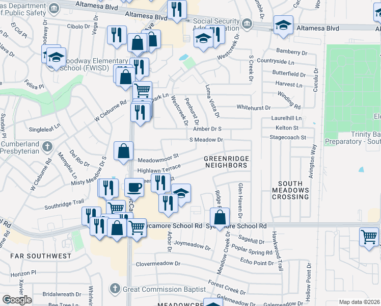 map of restaurants, bars, coffee shops, grocery stores, and more near 3101 Meadowmoor Street in Fort Worth