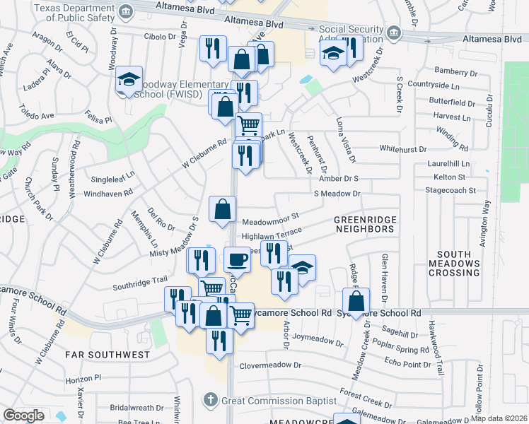 map of restaurants, bars, coffee shops, grocery stores, and more near 3317 South Meadow Drive in Fort Worth
