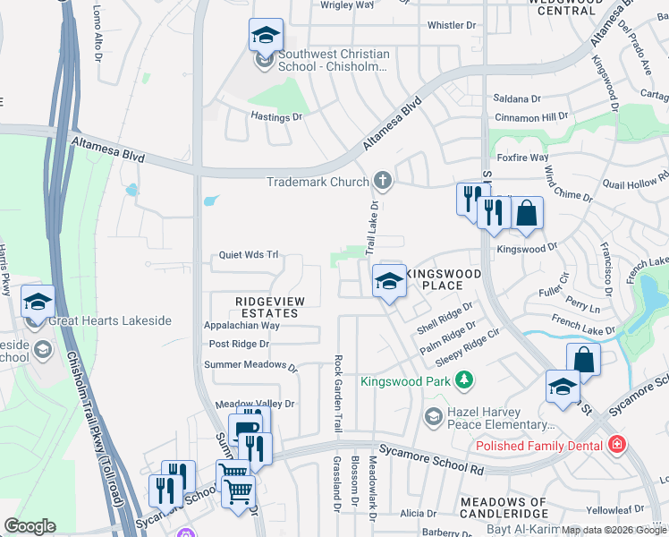 map of restaurants, bars, coffee shops, grocery stores, and more near 5210 Mountain Spring Trail in Fort Worth