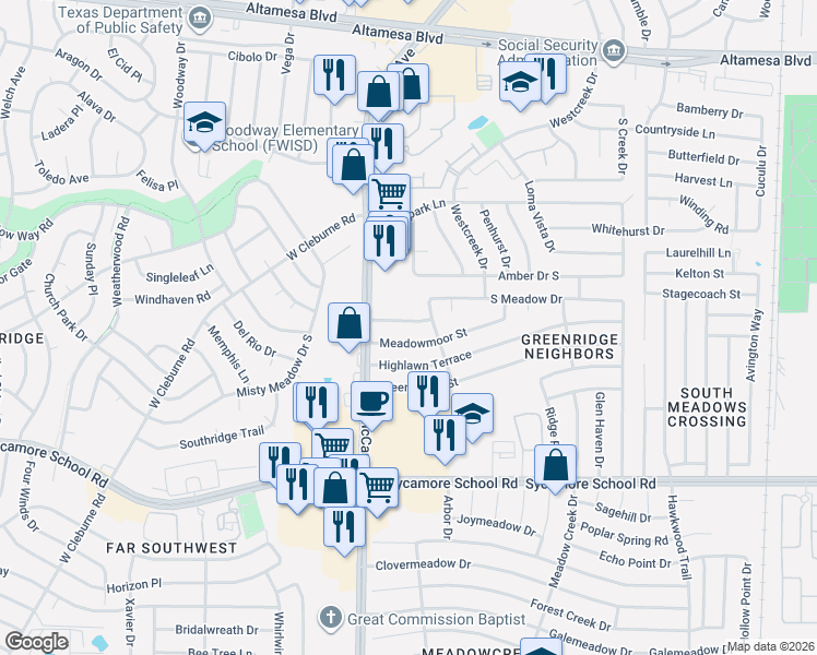 map of restaurants, bars, coffee shops, grocery stores, and more near 3317 South Meadow Drive in Fort Worth