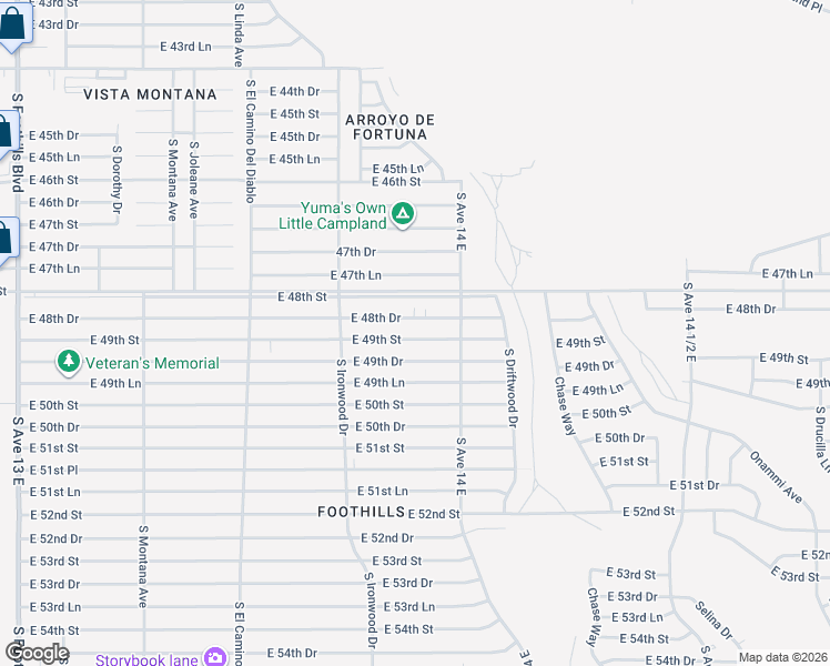 map of restaurants, bars, coffee shops, grocery stores, and more near 13806 East 49th Street in Yuma