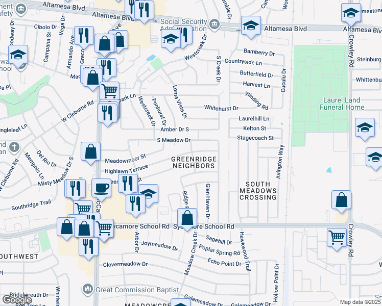 map of restaurants, bars, coffee shops, grocery stores, and more near 2001 Sandy Ridge Street in Fort Worth