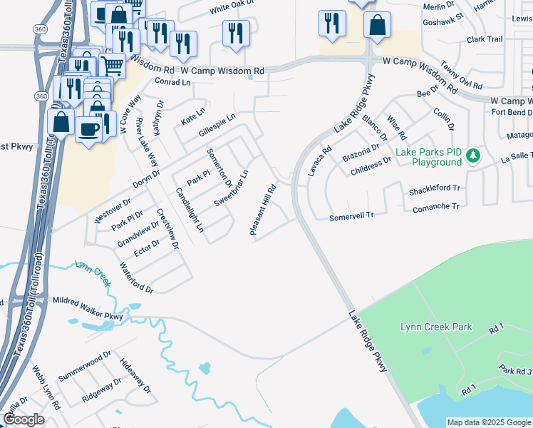 map of restaurants, bars, coffee shops, grocery stores, and more near 2735 Pleasant Hill Road in Grand Prairie