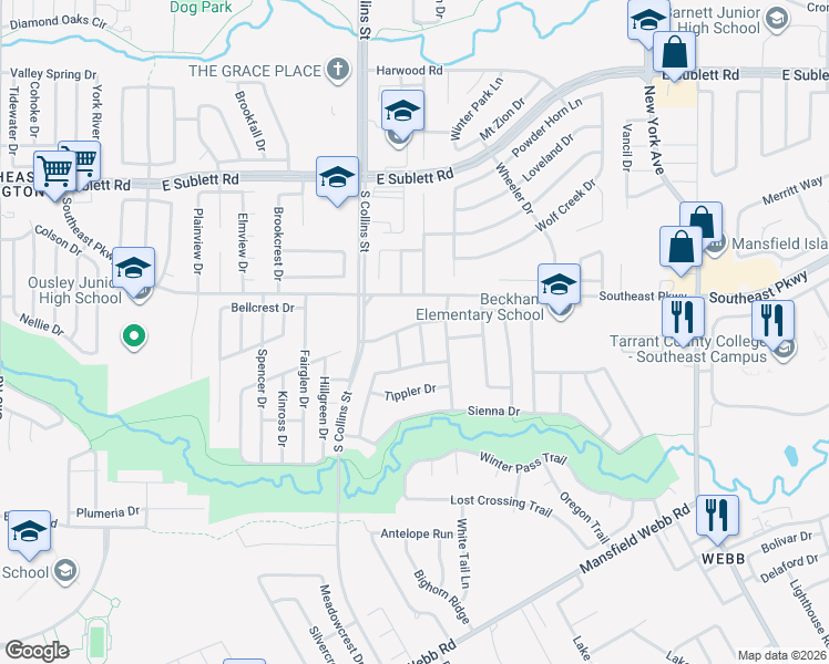 map of restaurants, bars, coffee shops, grocery stores, and more near 6600 Whisper Crest Dr in Arlington