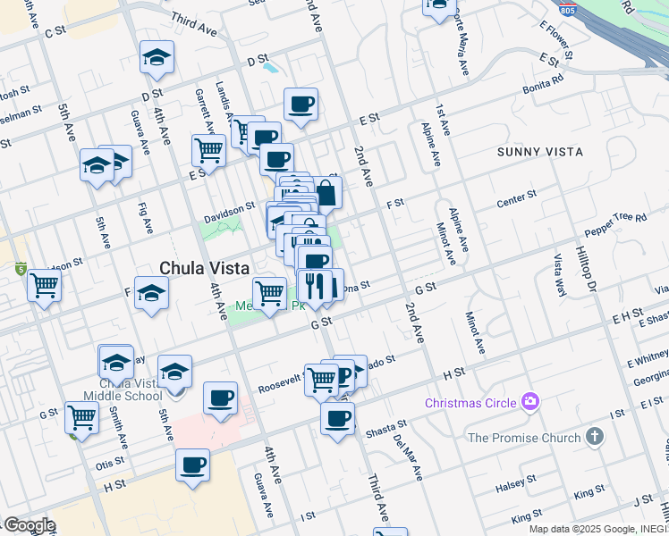 map of restaurants, bars, coffee shops, grocery stores, and more near 345 Church Ave in Chula Vista