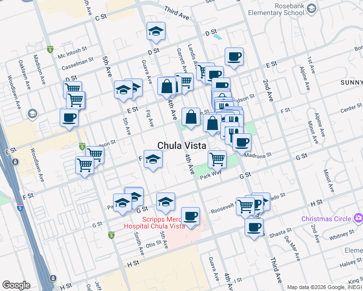 map of restaurants, bars, coffee shops, grocery stores, and more near 1468 Levant Lane in Chula Vista
