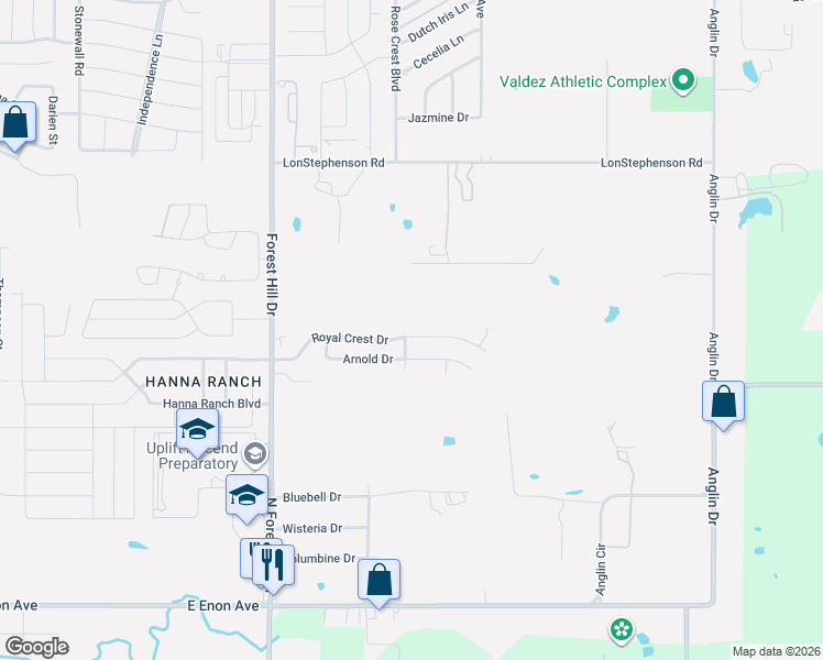 map of restaurants, bars, coffee shops, grocery stores, and more near 3801 Royal Crest Drive in Fort Worth