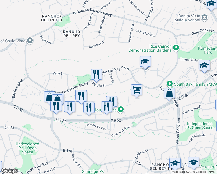 map of restaurants, bars, coffee shops, grocery stores, and more near 964 Norella Street in Chula Vista