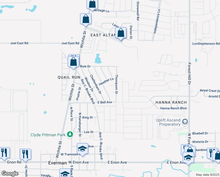 map of restaurants, bars, coffee shops, grocery stores, and more near 205 Moor Court in Everman