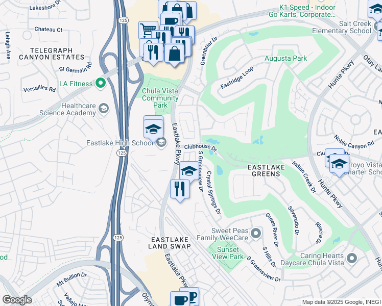 map of restaurants, bars, coffee shops, grocery stores, and more near 2253 Tall Pines Drive in Chula Vista