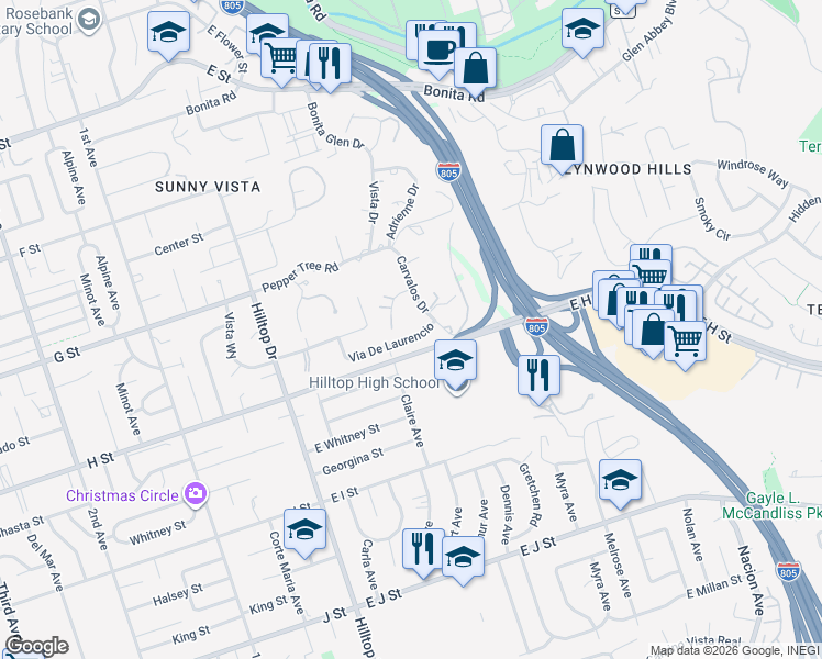 map of restaurants, bars, coffee shops, grocery stores, and more near 169 Via De Laurencio in Chula Vista