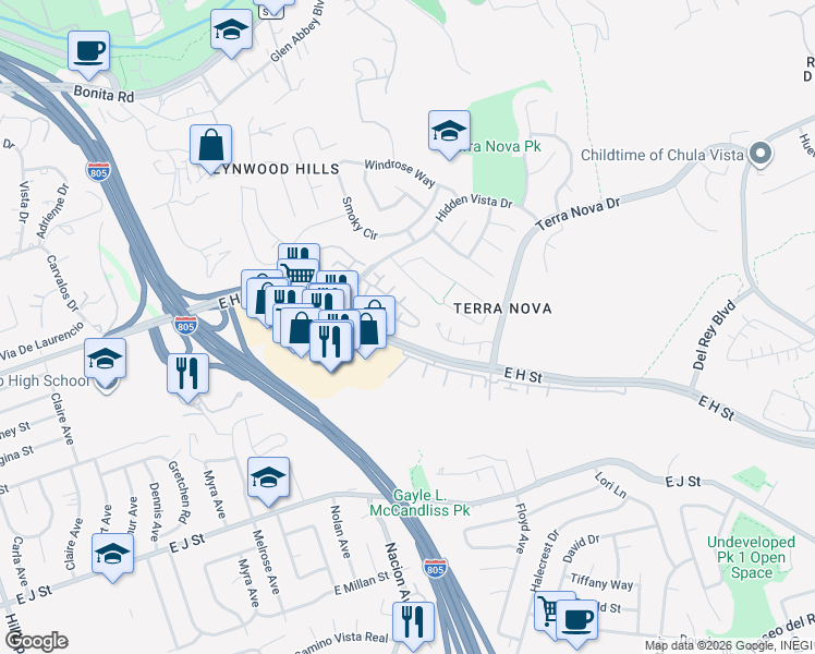 map of restaurants, bars, coffee shops, grocery stores, and more near 424 Sanibelle Circle in Chula Vista