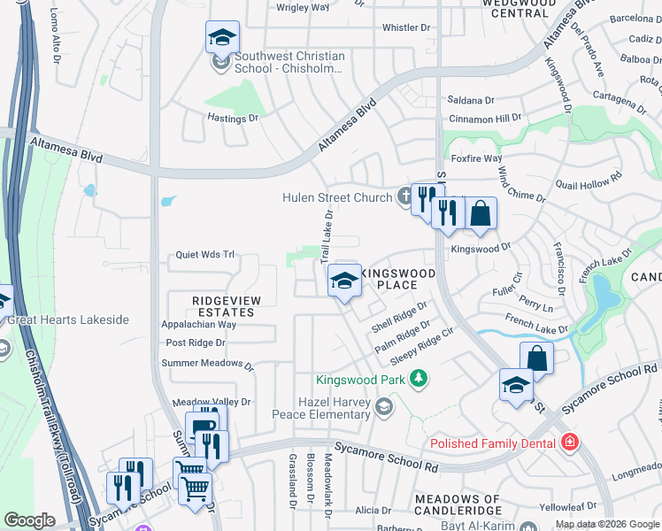 map of restaurants, bars, coffee shops, grocery stores, and more near 7558 Kings Tr in Fort Worth