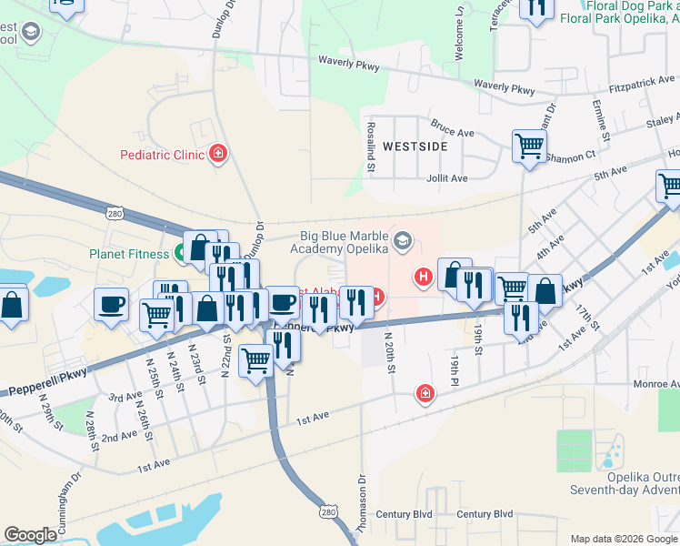 map of restaurants, bars, coffee shops, grocery stores, and more near 504 East Thomason Circle in Opelika