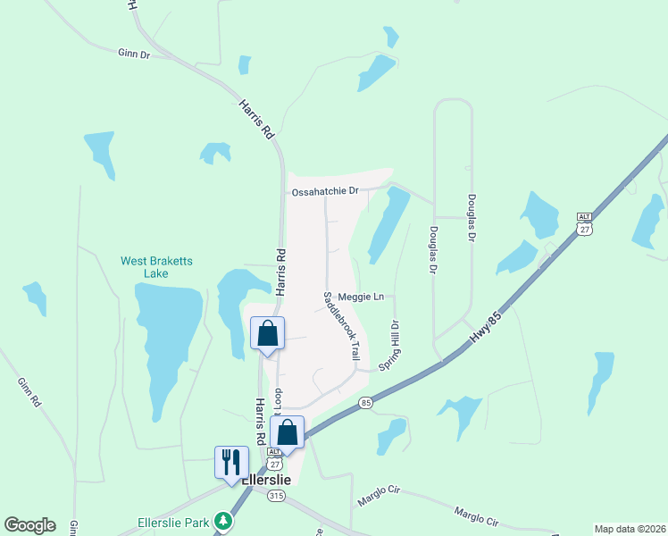 map of restaurants, bars, coffee shops, grocery stores, and more near 205 Saddlebrook Trail in Ellerslie