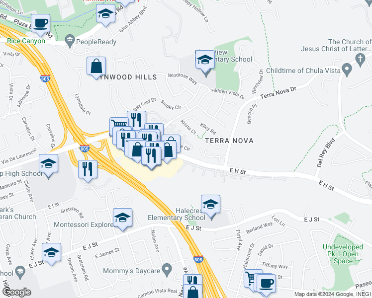 map of restaurants, bars, coffee shops, grocery stores, and more near 424 Sanibelle Circle in Chula Vista