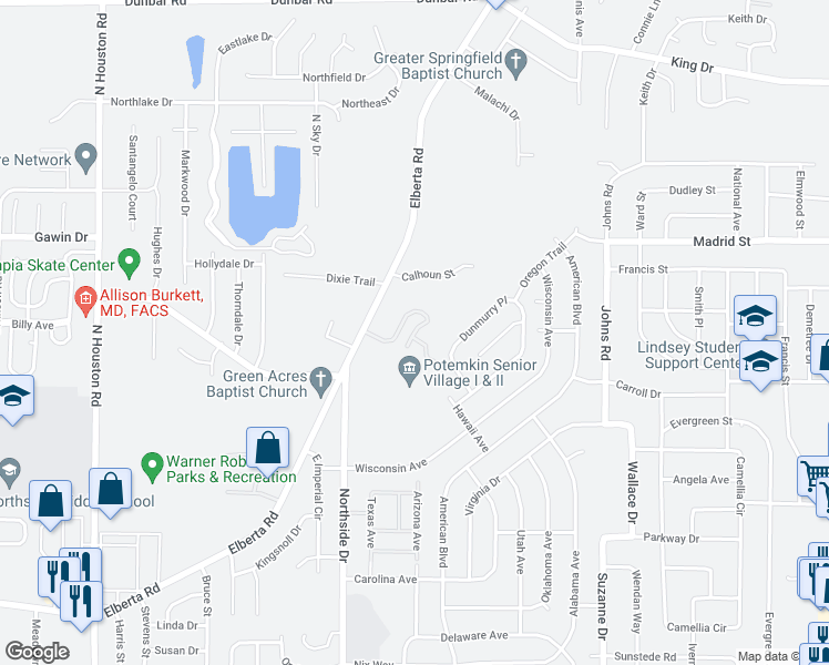 map of restaurants, bars, coffee shops, grocery stores, and more near 710 Elberta Road in Warner Robins