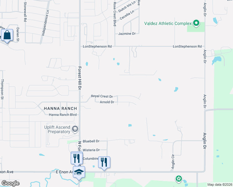 map of restaurants, bars, coffee shops, grocery stores, and more near 3801 Royal Crest Drive in Fort Worth