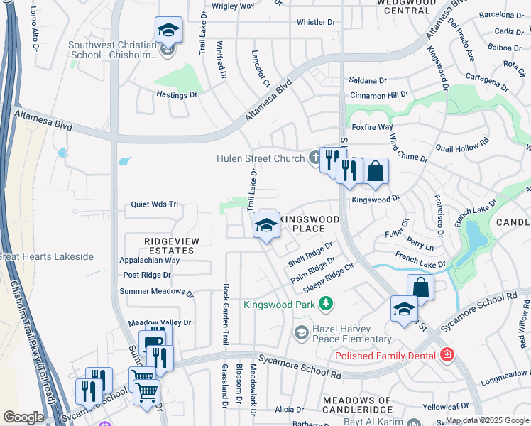 map of restaurants, bars, coffee shops, grocery stores, and more near 7531 Kings Tr in Fort Worth