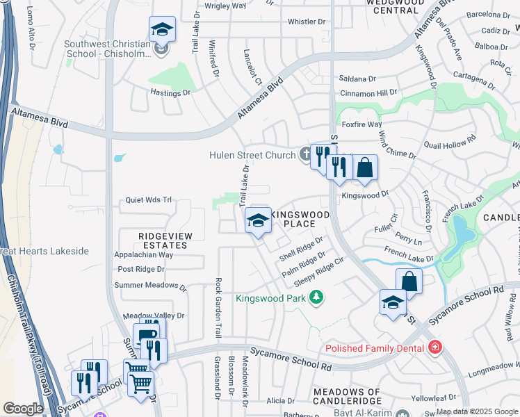 map of restaurants, bars, coffee shops, grocery stores, and more near 7558 Kings Tr in Fort Worth