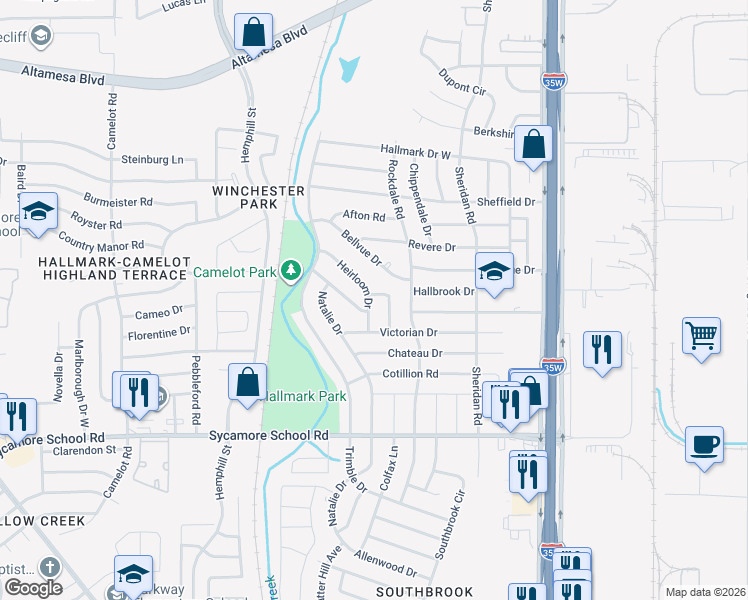 map of restaurants, bars, coffee shops, grocery stores, and more near 7301 Heirloom Drive in Fort Worth