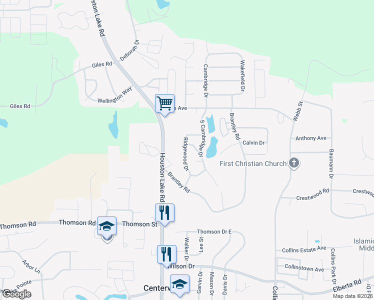 map of restaurants, bars, coffee shops, grocery stores, and more near 201-327 Ridgewood Drive in Centerville