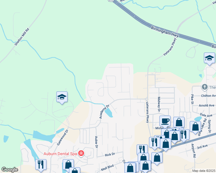 map of restaurants, bars, coffee shops, grocery stores, and more near 4104 Chesham Drive in Opelika