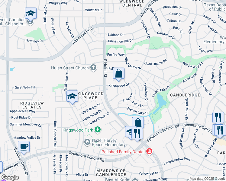 map of restaurants, bars, coffee shops, grocery stores, and more near 7315 South Hulen Street in Fort Worth