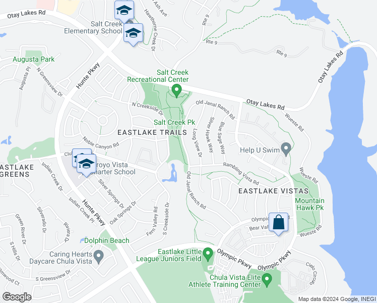 map of restaurants, bars, coffee shops, grocery stores, and more near 1329 Old Janal Ranch Road in Chula Vista