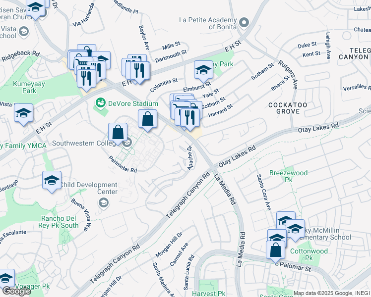 map of restaurants, bars, coffee shops, grocery stores, and more near 1577 Apache Drive in Chula Vista